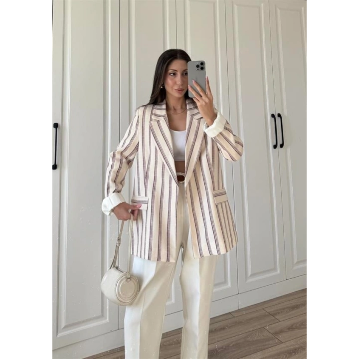 Keten Astarlı Bordo Çizgili Blazer Ceket