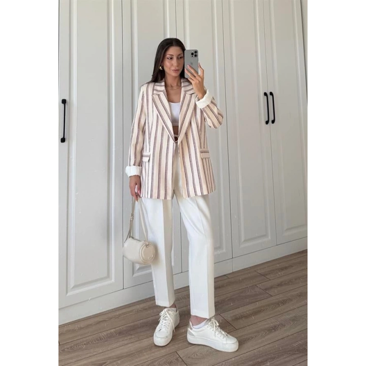 Keten Astarlı Bordo Çizgili Blazer Ceket