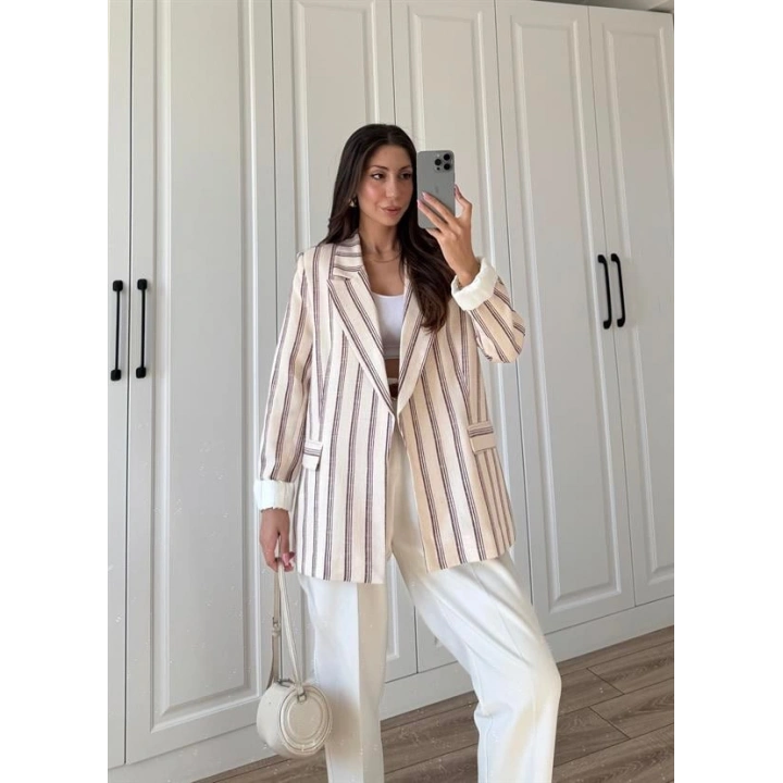 Keten Astarlı Bordo Çizgili Blazer Ceket