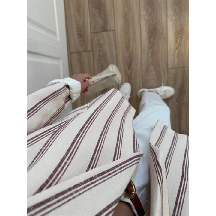 Keten Astarlı Bordo Çizgili Blazer Ceket