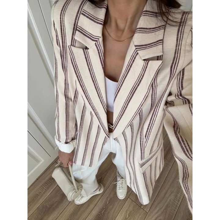 Keten Astarlı Bordo Çizgili Blazer Ceket