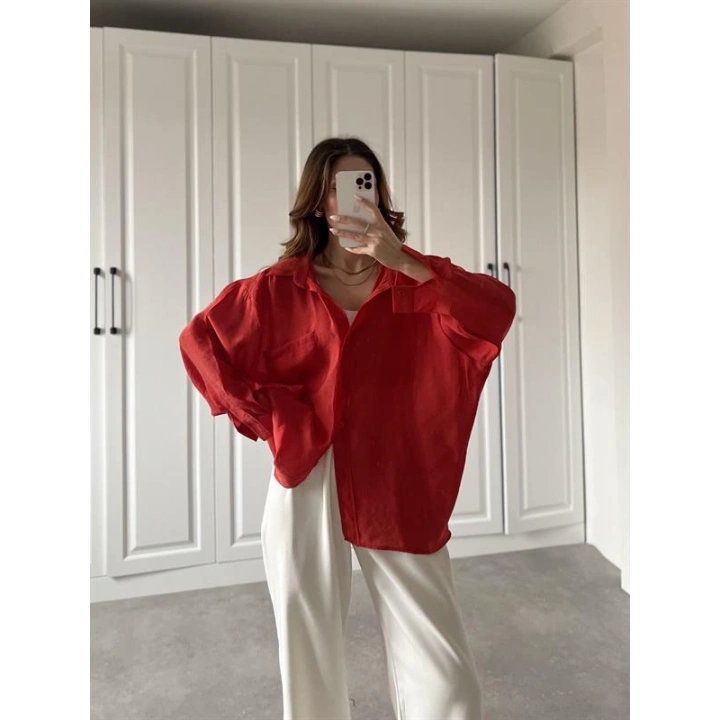 Kırmızı Oversize Tensel Gömlek