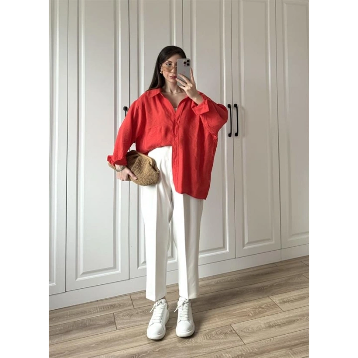 Kırmızı Oversize Tensel Gömlek