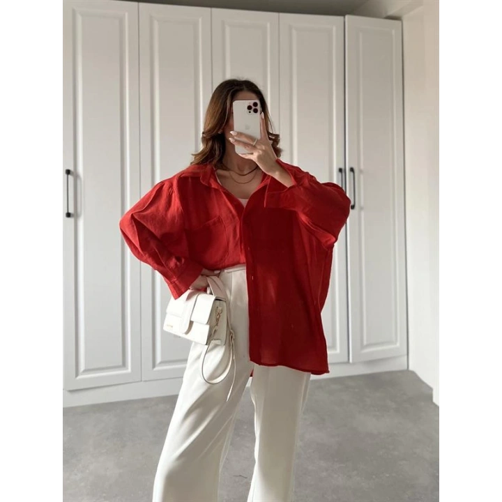 Kırmızı Oversize Tensel Gömlek