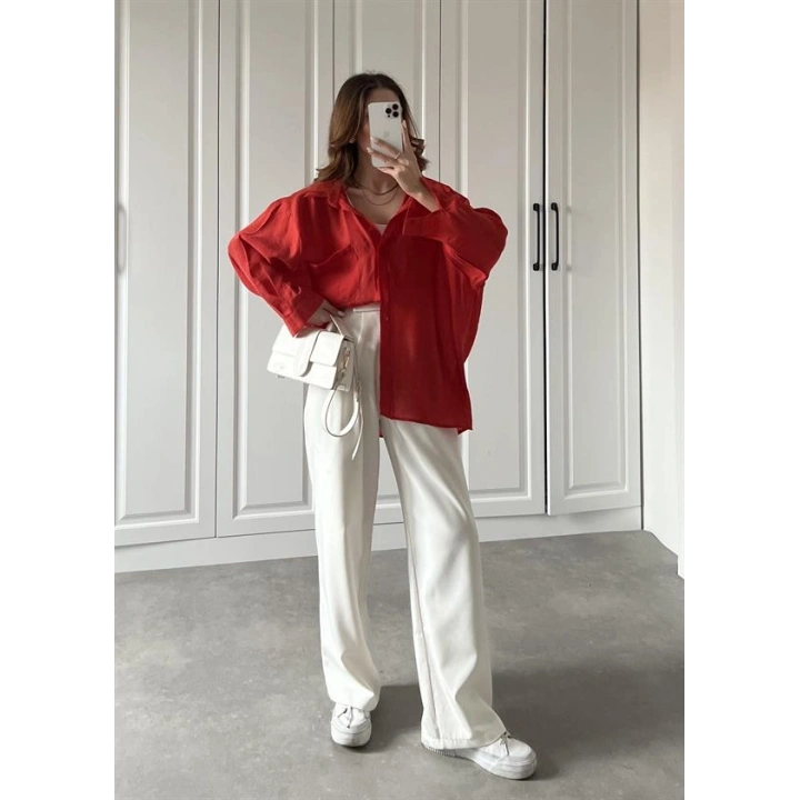 Kırmızı Oversize Tensel Gömlek