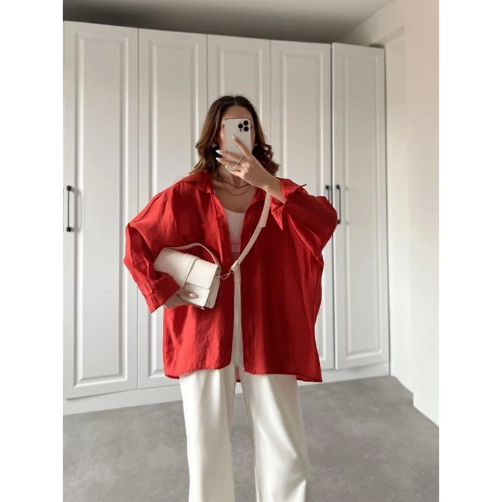 Kırmızı Oversize Tensel Gömlek