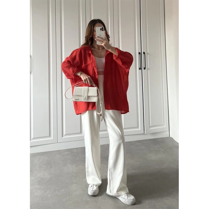 Kırmızı Oversize Tensel Gömlek