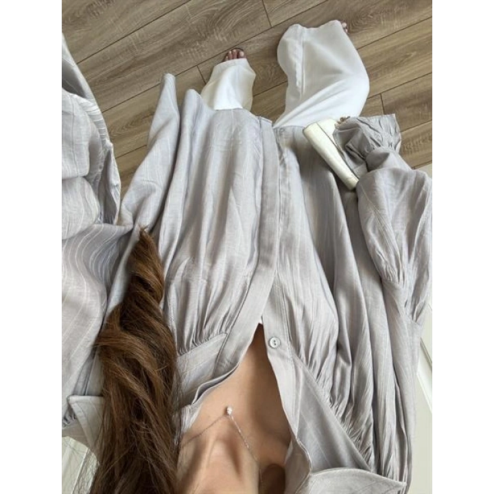 Kolları Volanlı Pinterest Viral Gri  Gömlek