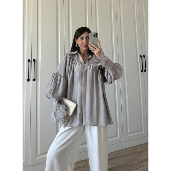 Kolları Volanlı Pinterest Viral Gri  Gömlek