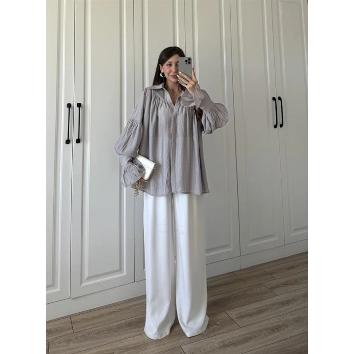 Kolları Volanlı Pinterest Viral Gri  Gömlek
