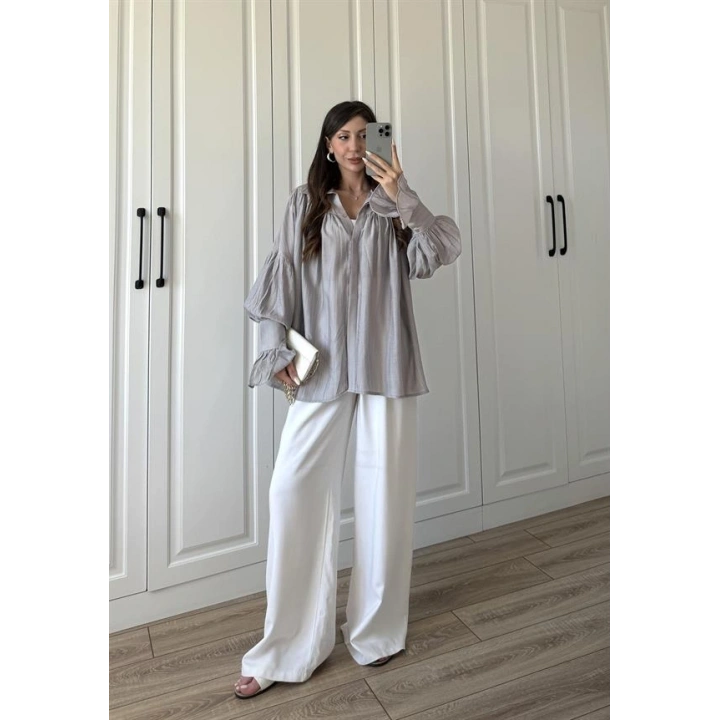 Kolları Volanlı Pinterest Viral Gri  Gömlek