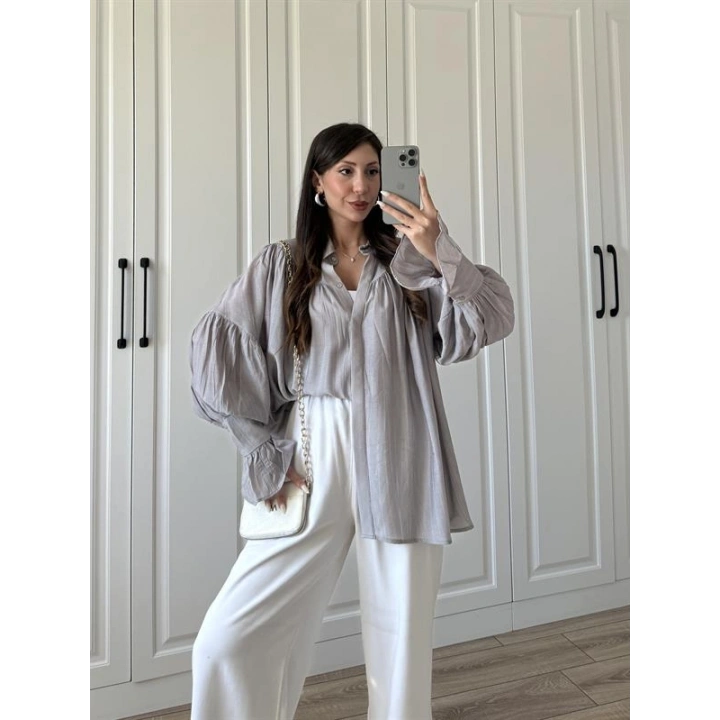 Kolları Volanlı Pinterest Viral Gri  Gömlek