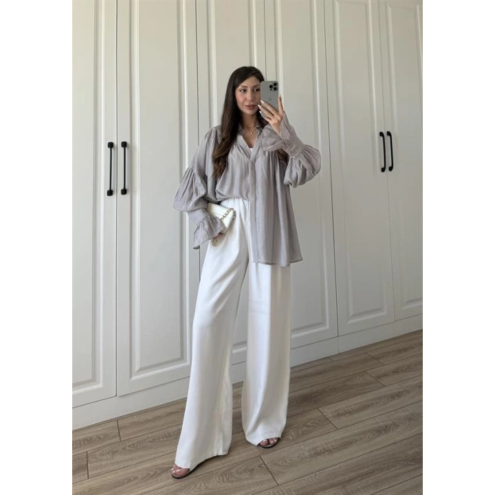 Kolları Volanlı Pinterest Viral Gri  Gömlek