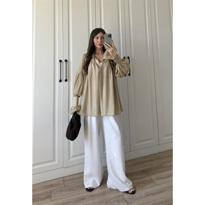 Kolları Volanlı Pinterest Viral Koyu Taş Gömlek