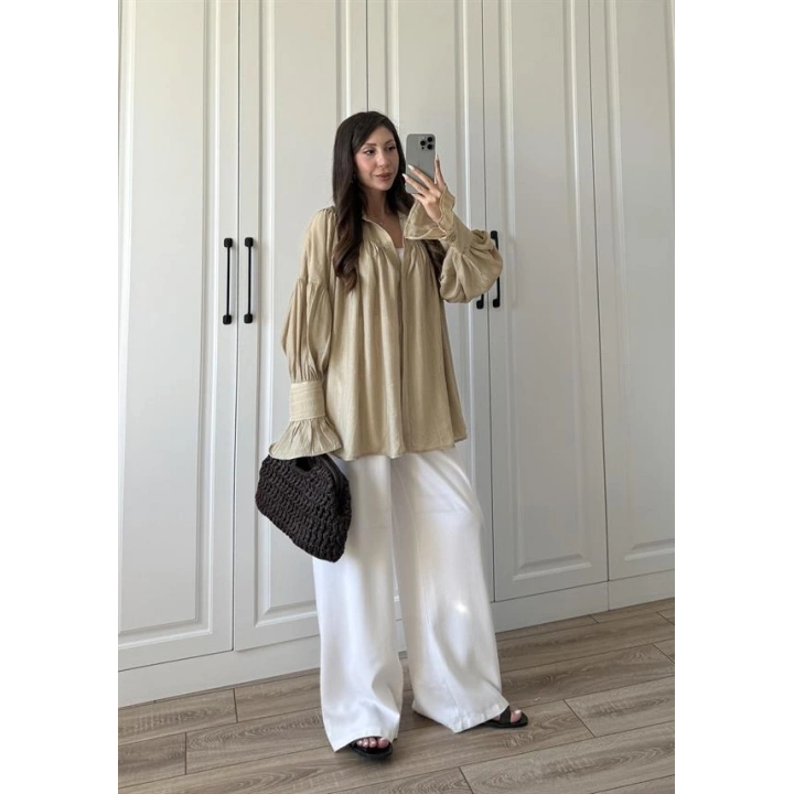 Kolları Volanlı Pinterest Viral Koyu Taş Gömlek