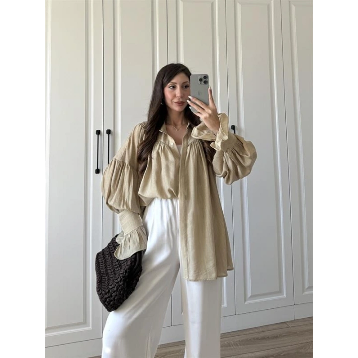 Kolları Volanlı Pinterest Viral Koyu Taş Gömlek