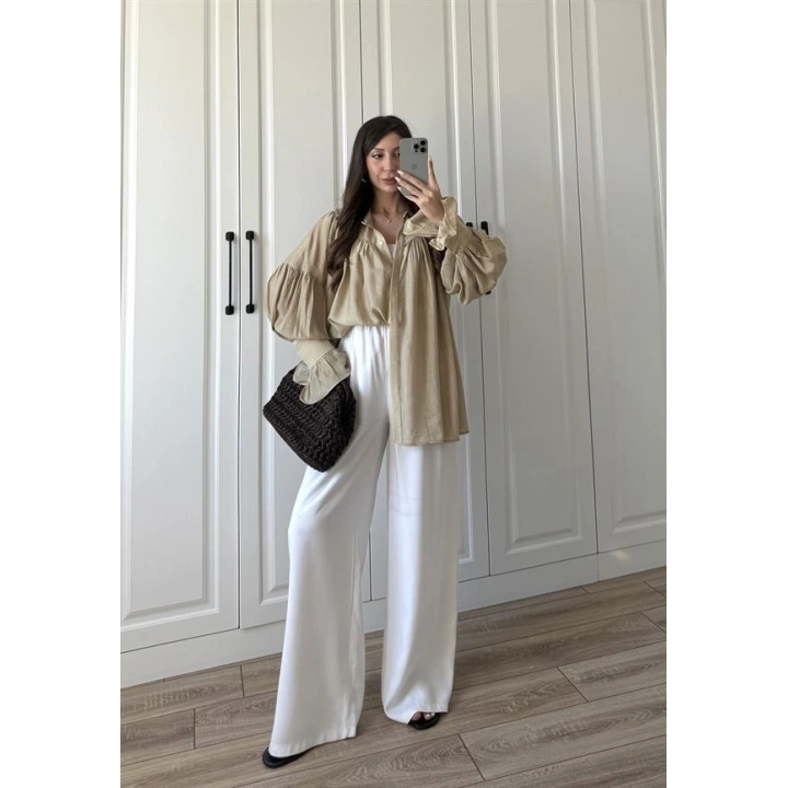 Kolları Volanlı Pinterest Viral Koyu Taş Gömlek