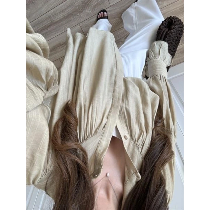 Kolları Volanlı Pinterest Viral Koyu Taş Gömlek