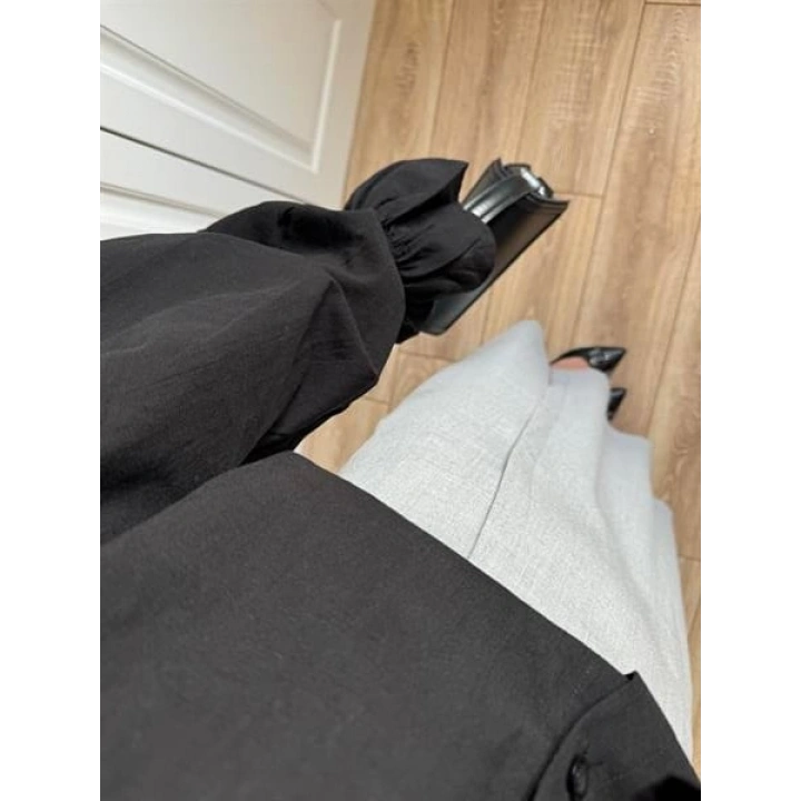 Kolu Volanlı Siyah Keten Gömlek