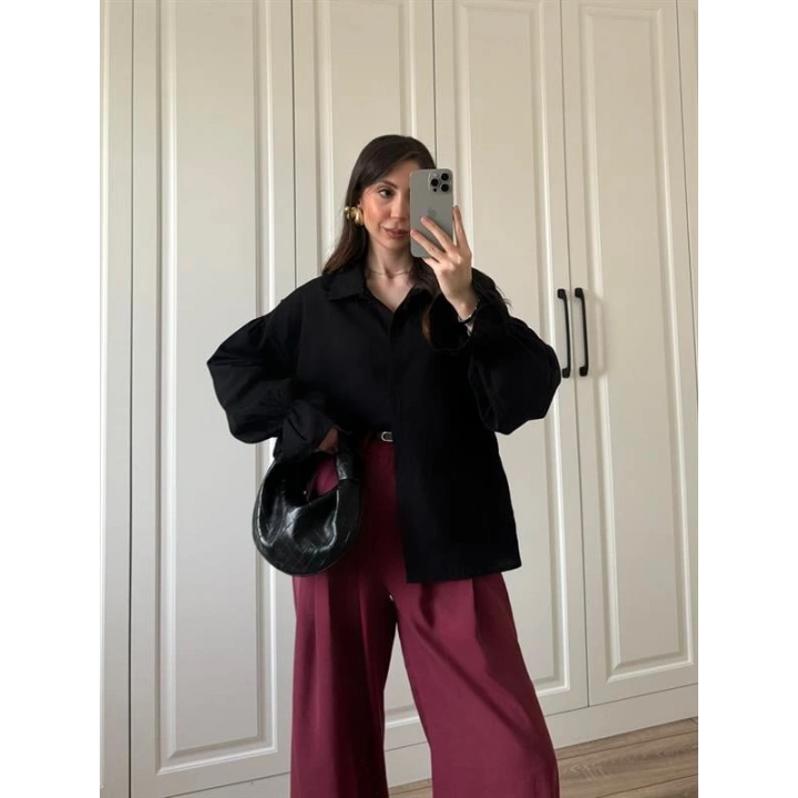 Kolu Volanlı Siyah Keten Gömlek