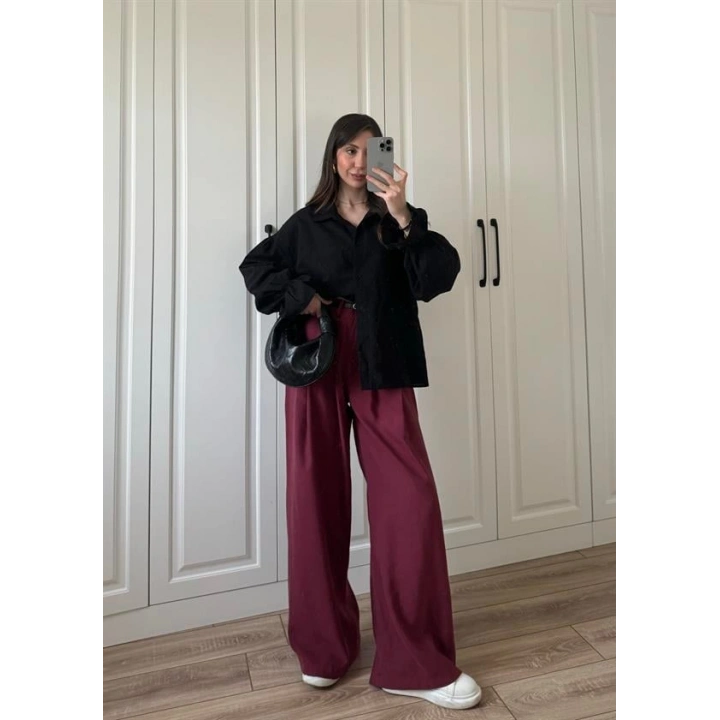 Kolu Volanlı Siyah Keten Gömlek