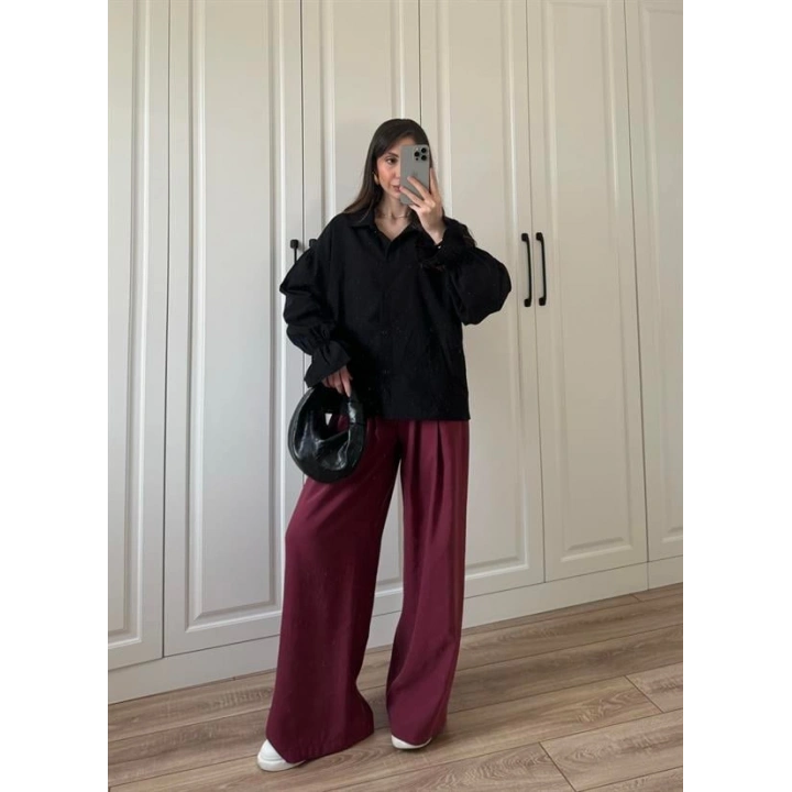 Kolu Volanlı Siyah Keten Gömlek