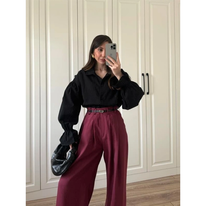 Kolu Volanlı Siyah Keten Gömlek