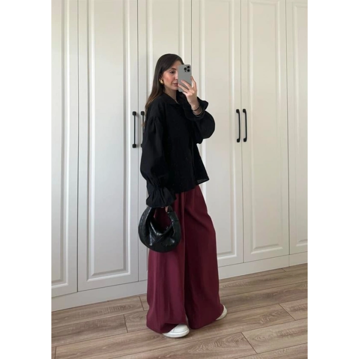 Kolu Volanlı Siyah Keten Gömlek