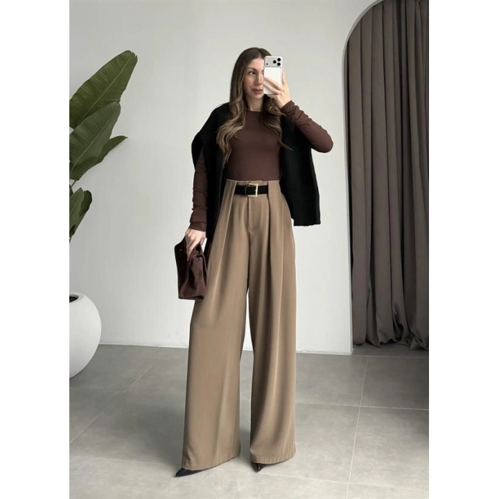 Köprü Detay Kemerli Haki Palazzo Pantolon