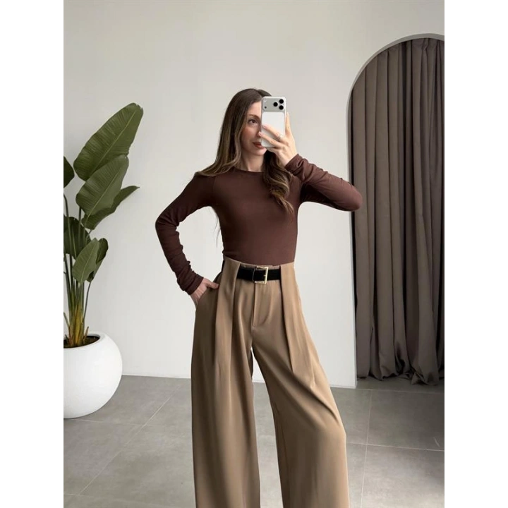 Köprü Detay Kemerli Haki Palazzo Pantolon