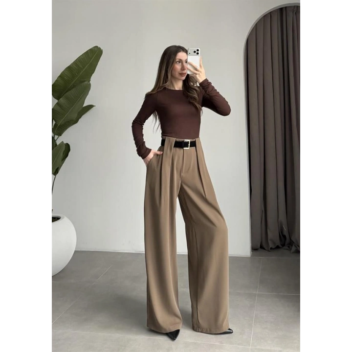 Köprü Detay Kemerli Haki Palazzo Pantolon