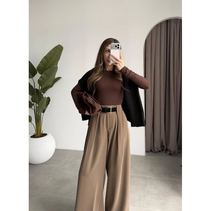 Köprü Detay Kemerli Haki Palazzo Pantolon