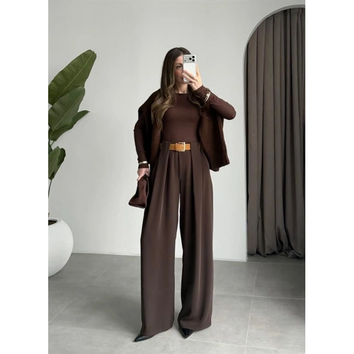 Köprü Detay Kemerli Kahve Palazzo Pantolon