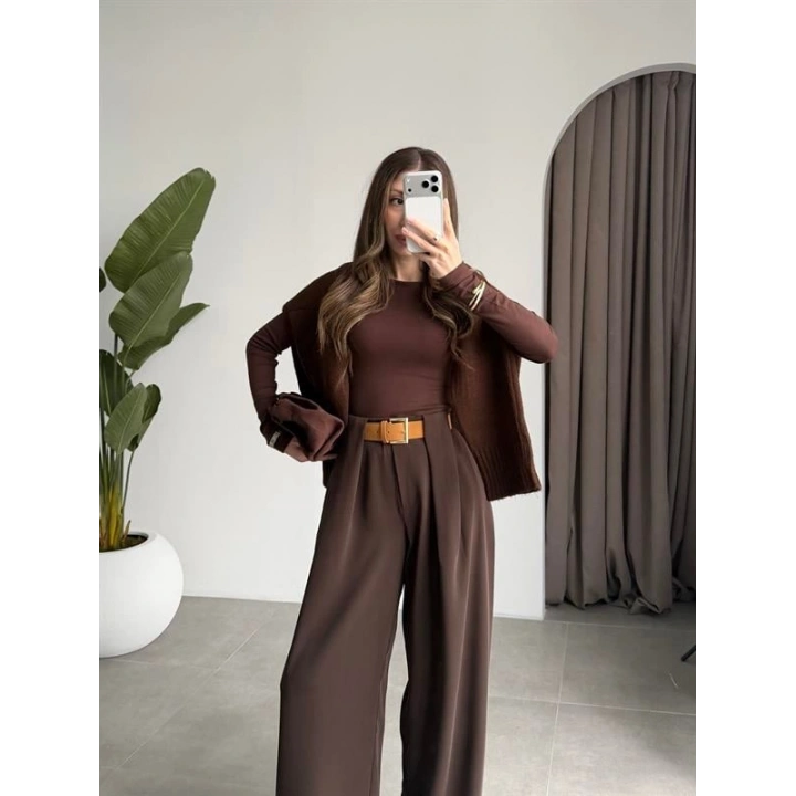 Köprü Detay Kemerli Kahve Palazzo Pantolon