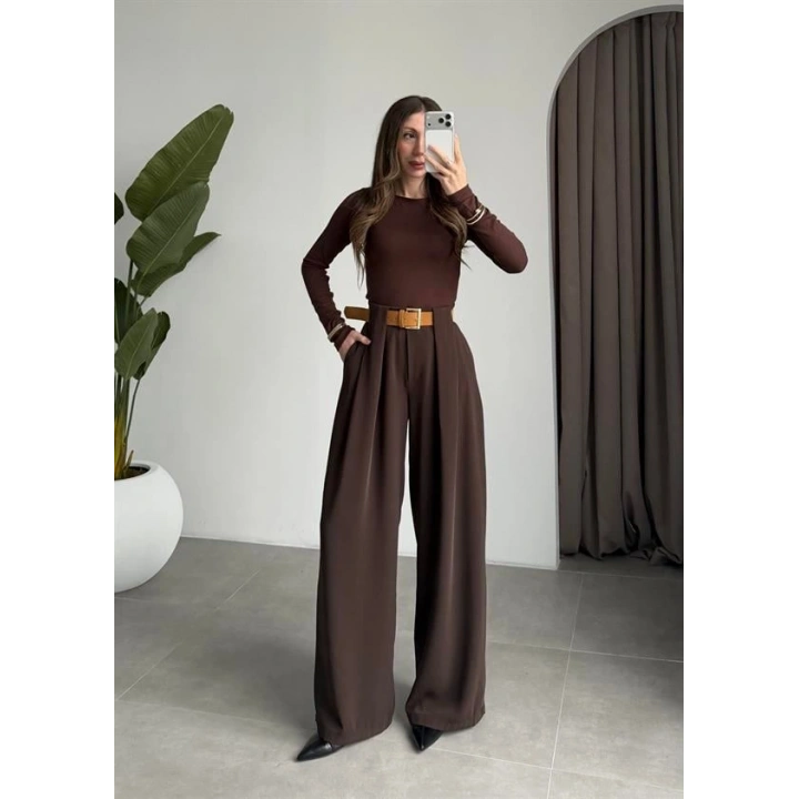 Köprü Detay Kemerli Kahve Palazzo Pantolon