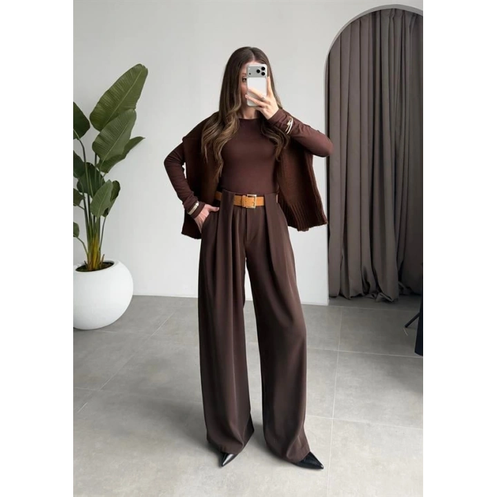 Köprü Detay Kemerli Kahve Palazzo Pantolon