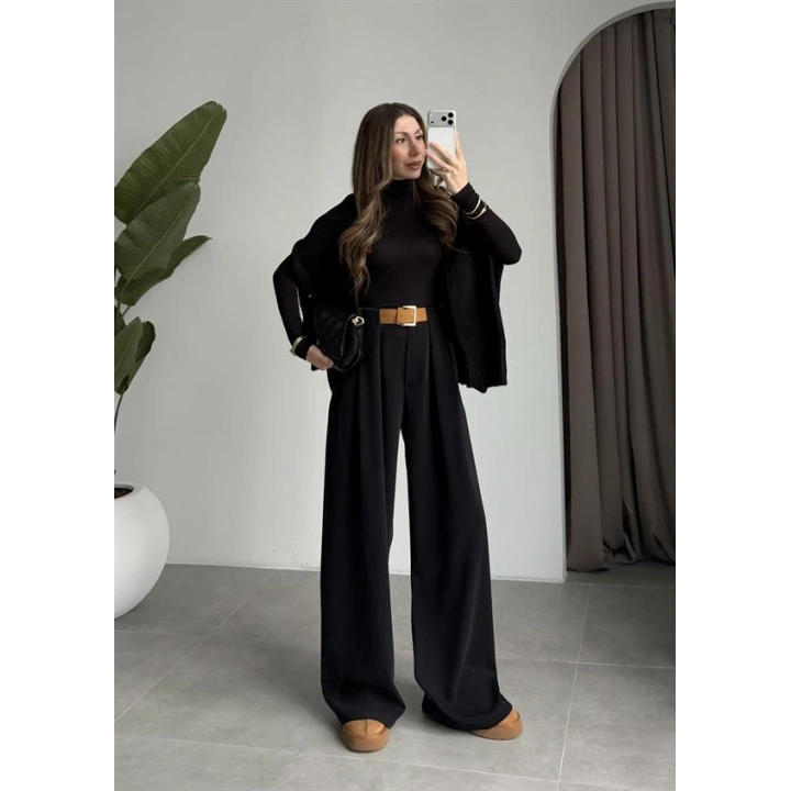 Köprü Detay Kemerli Siyah Palazzo Pantolon