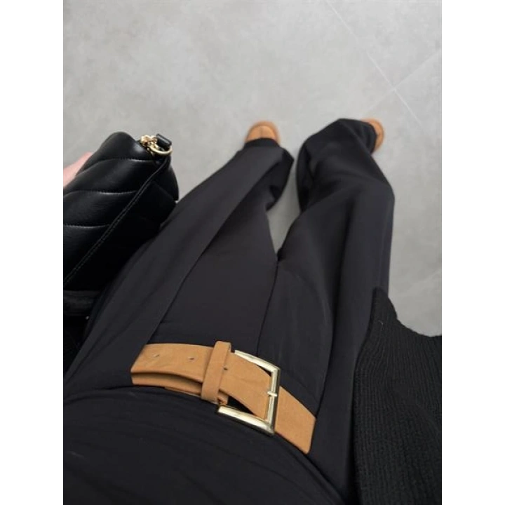 Köprü Detay Kemerli Siyah Palazzo Pantolon