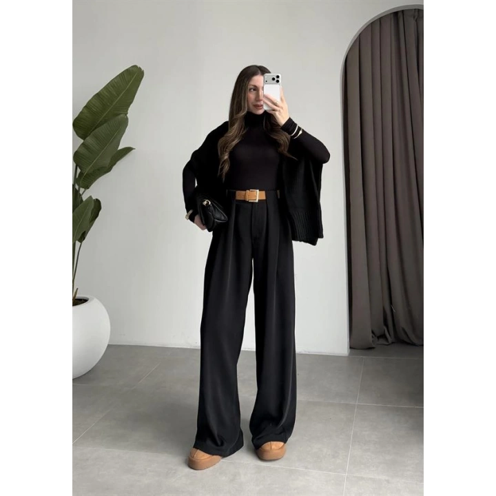 Köprü Detay Kemerli Siyah Palazzo Pantolon