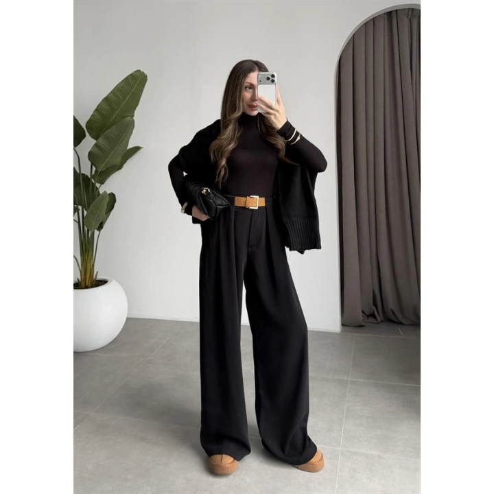 Köprü Detay Kemerli Siyah Palazzo Pantolon