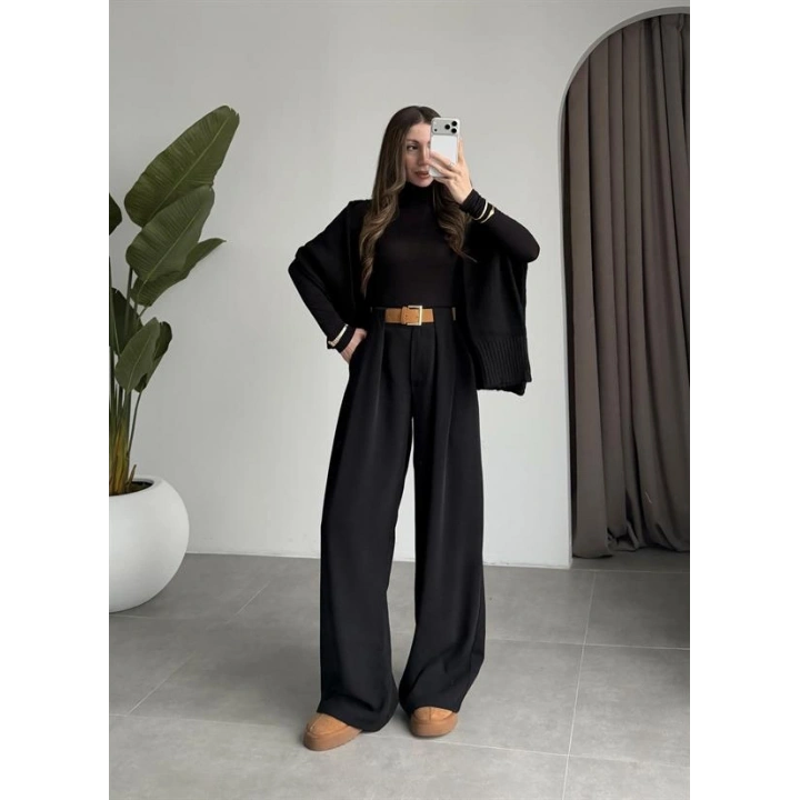 Köprü Detay Kemerli Siyah Palazzo Pantolon