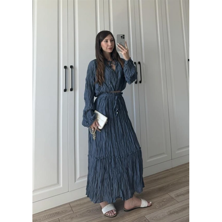 Kraş Kumaş İndigo Etekli Takım