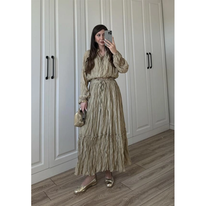 Kraş Kumaş Nude Yeşili Etekli Takım