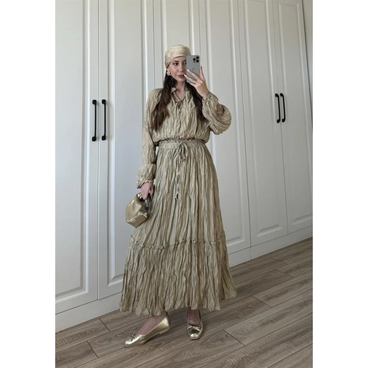 Kraş Kumaş Nude Yeşili Etekli Takım