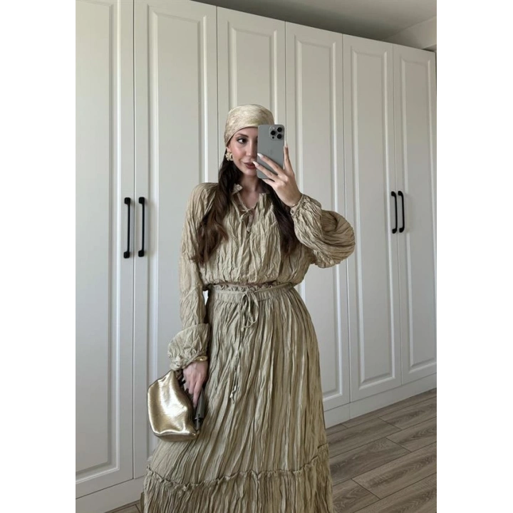 Kraş Kumaş Nude Yeşili Etekli Takım