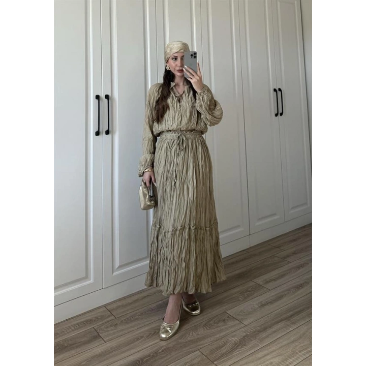 Kraş Kumaş Nude Yeşili Etekli Takım