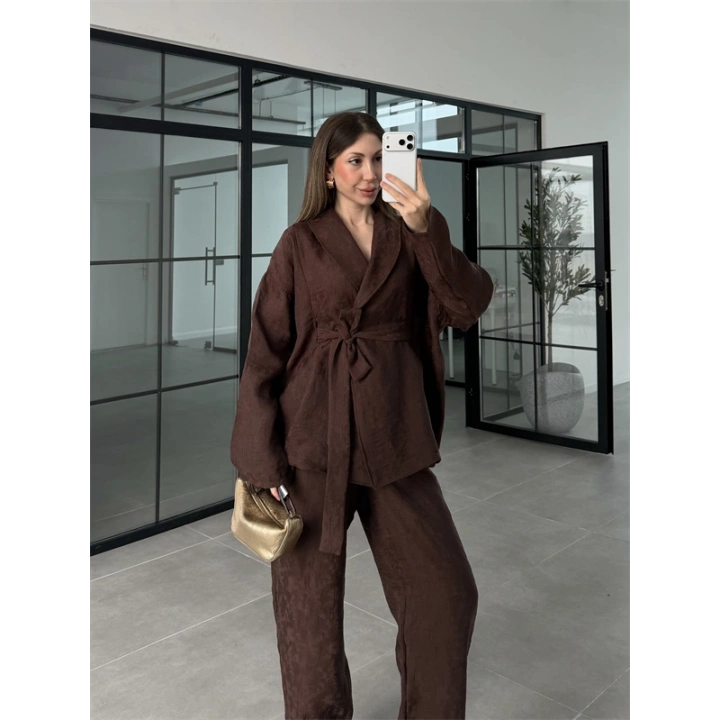 Kraş Kumaş Şal Yaka Kahve Kimono Takım