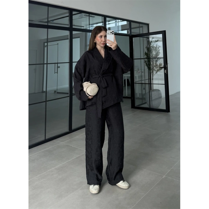 Kraş Kumaş Şal Yaka Siyah Kimono Takım