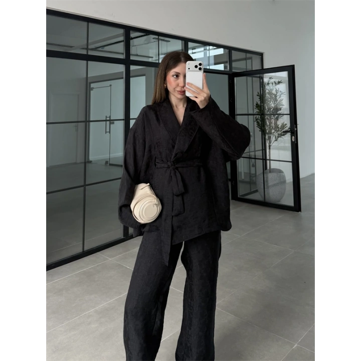 Kraş Kumaş Şal Yaka Siyah Kimono Takım