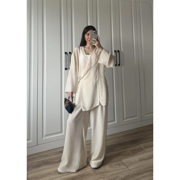 Krinkıl Yandan Bağlamalı Krem Kimono Takım